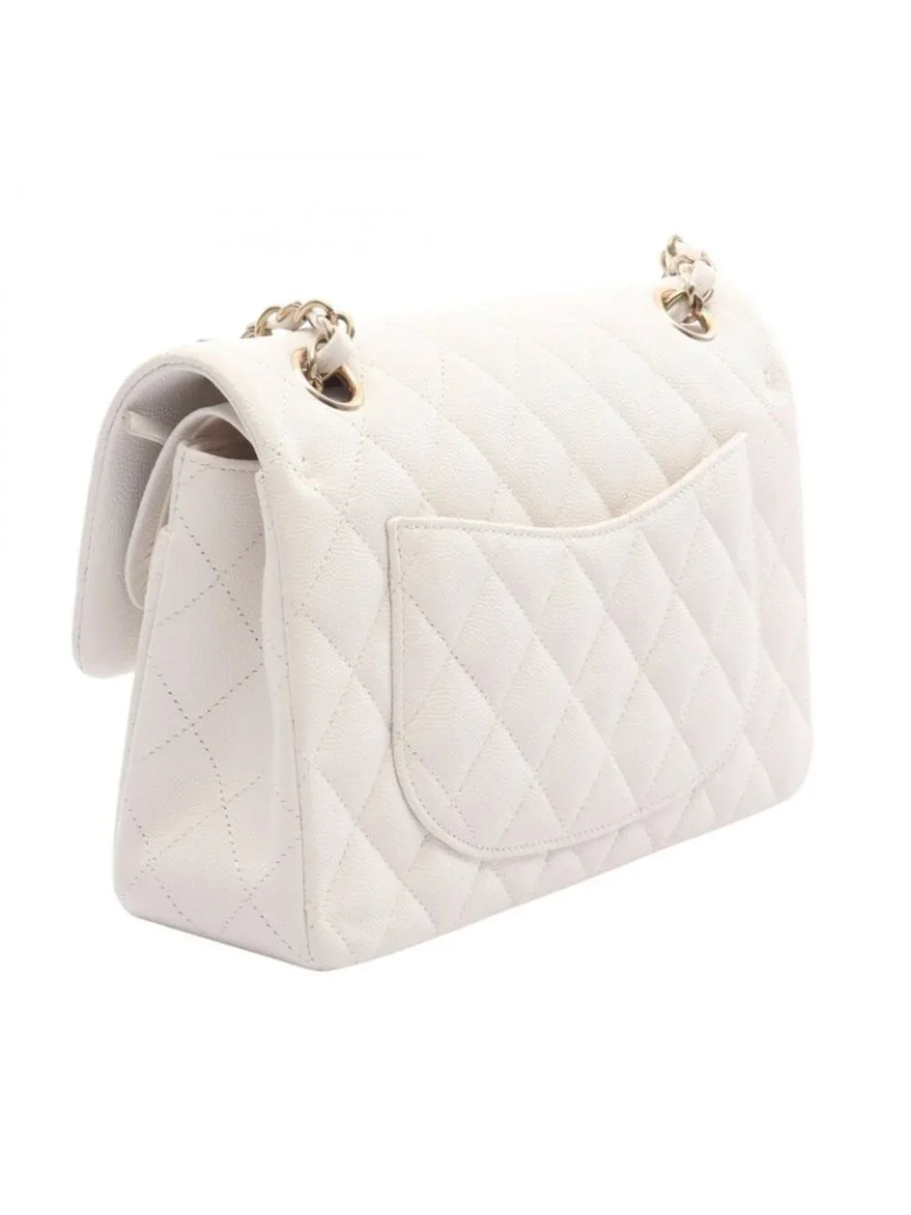 Chanel Shoulder Bag Quilted Double Flap White Caviar Leather Chain